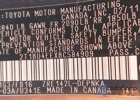 2011 Toyota Corolla Le from USA, damaged, VIN 2T1BU4EEXBC584909